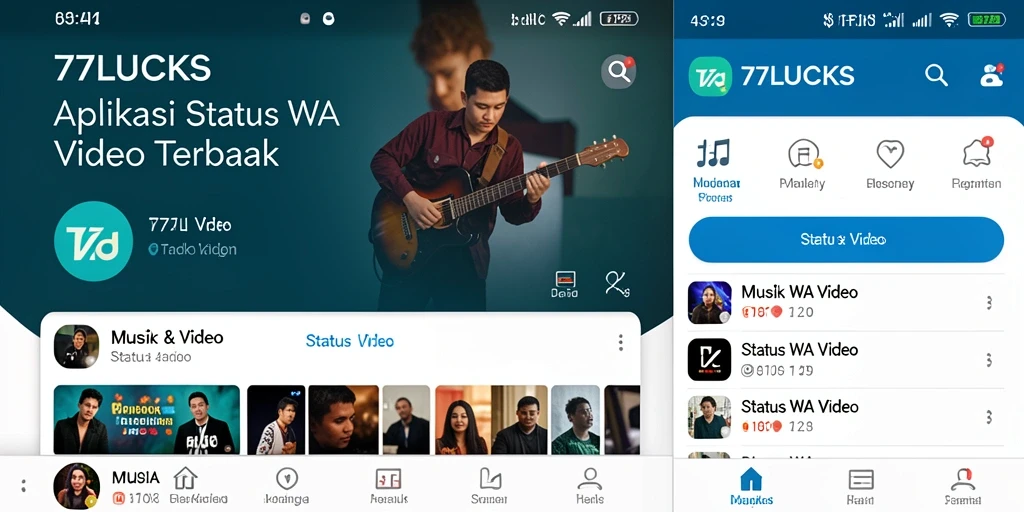Tampilan antarmuka menarik aplikasi 77LUCKS untuk Status WA Video.