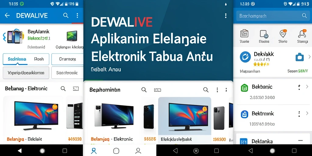 Screenshot antarmuka DEWALIVE menampilkan fitur pencarian produk elektronik.