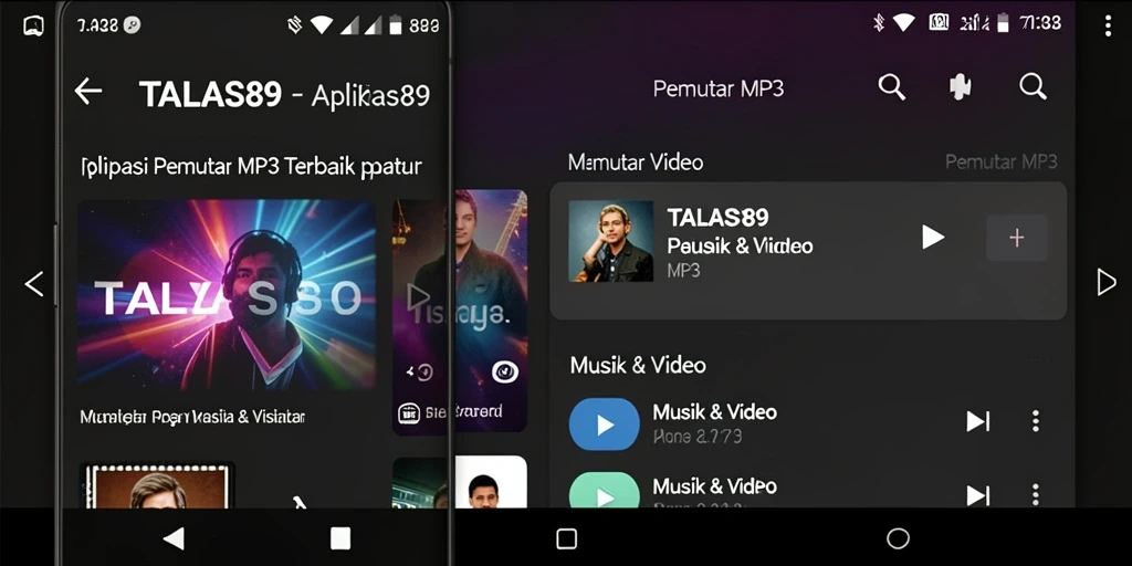Antarmuka aplikasi TALAS89 dengan berbagai fitur pemutar MP3.